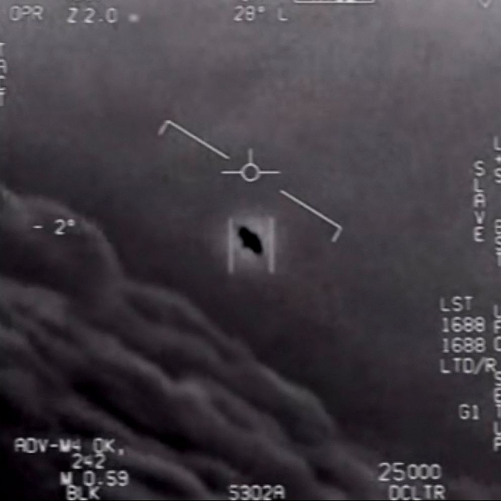 PHOTO: This video grab image obtained April 28, 2020, courtesy of the U.S. Department of Defense shows part of an unclassified video taken by Navy pilots that have circulated for years showing interactions with unidentified aerial phenomena.