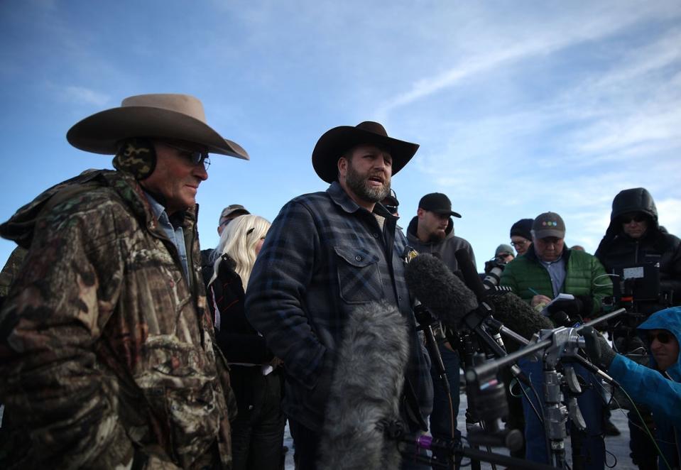 Ammon Bundy speaks to members of the media in front of the Malheur National Wildlife Refuge Headquarters on January 6, 2016 near Burns, Oregon. (Getty)