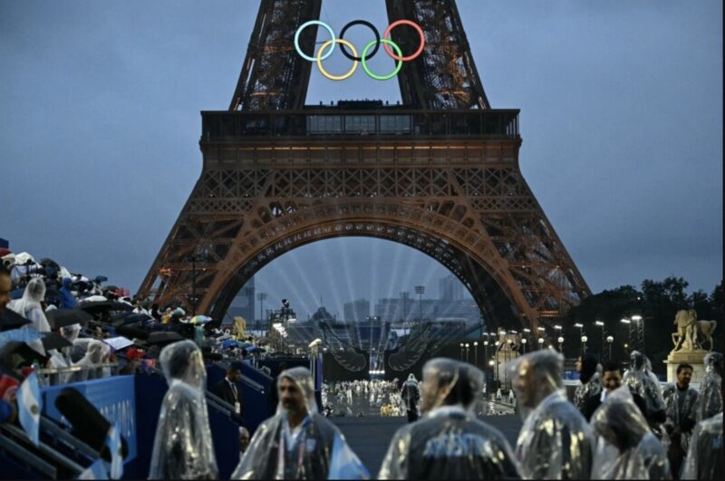 Delegations arrive at the Trocadero during the opening ceremony of the Paris 2024 Olympic Games in Paris on July 26, 2024. Pool photo by Loic Venence/AFP via Getty Images 