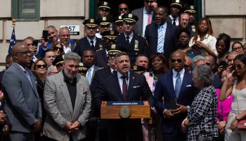 Newly-appointed NYPD Commissioner Edward Caban speaks during his swearing-in ceremony outside the 40th Precinct in the South Bronx.