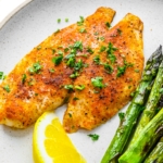 Flounder recipe on a plate.