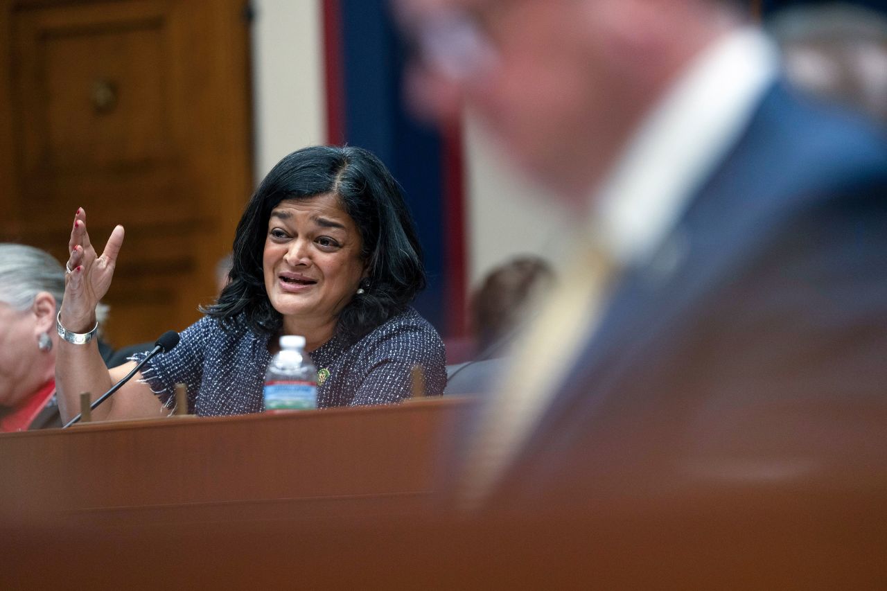 Rep. Pramila Jayapal speaks during a hearing of the House Committee on Education in Washington, DC, on December 5, 2023. 