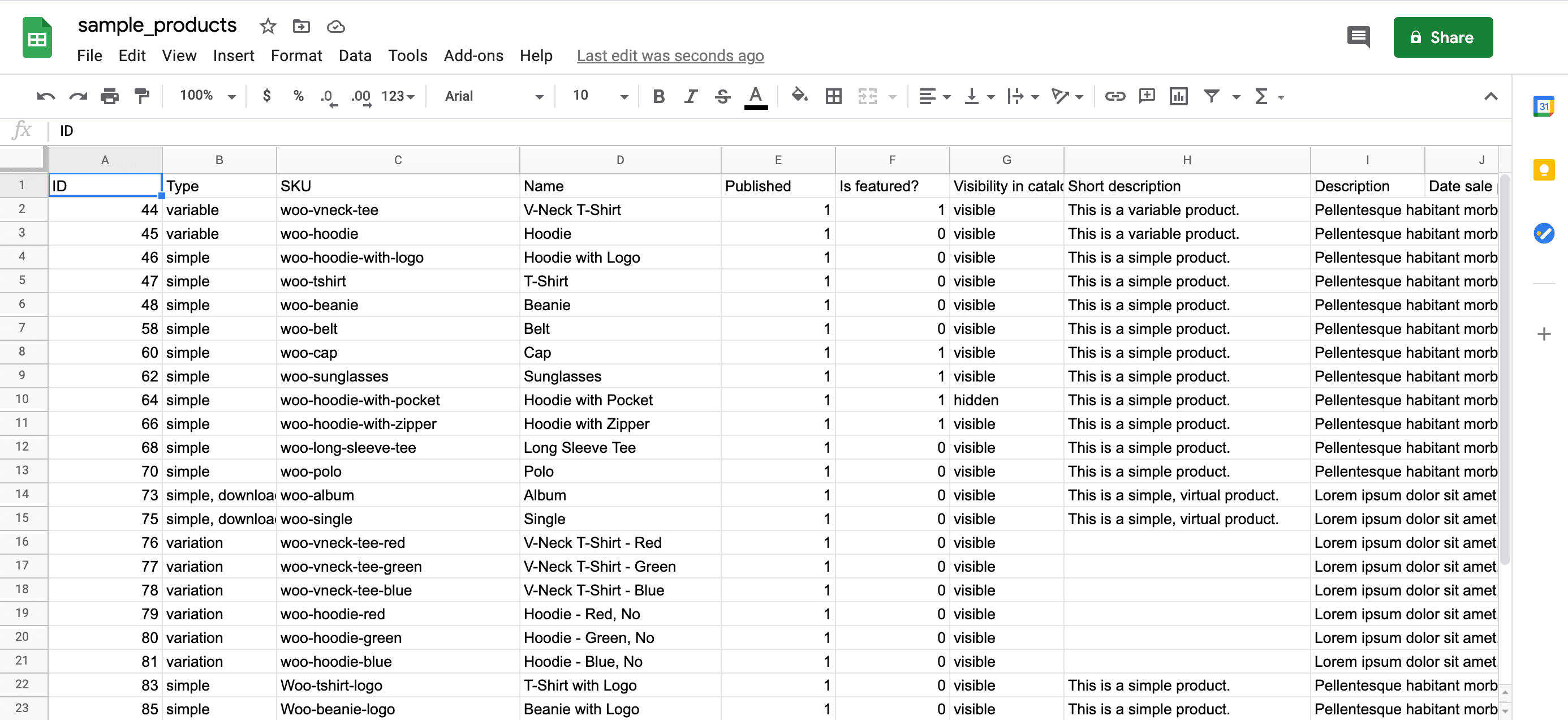 Product CSV Data from WooCommerce