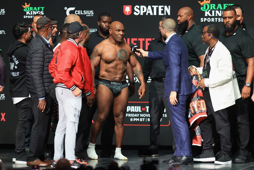 Mike Tyson is interviewed during the ceremonial weigh-in with Jake Paul