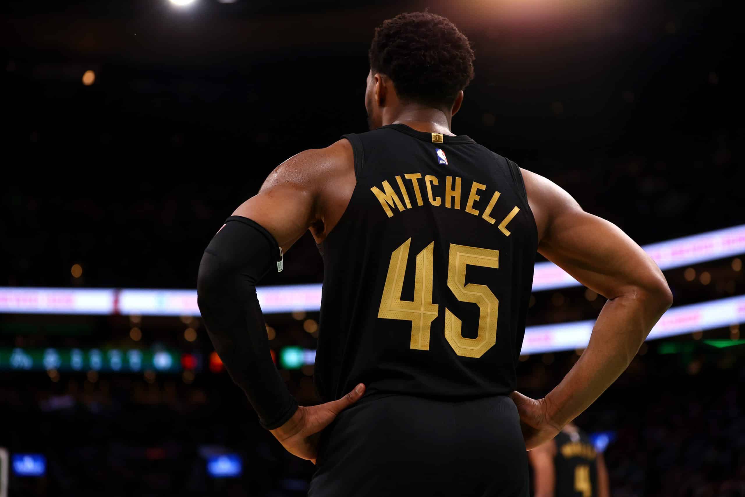 BOSTON, MASSACHUSETTS - MAY 07: Donovan Mitchell #45 of the Cleveland Cavaliers looks on Game One of the Eastern Conference Second Round Playoffs against the Cleveland Cavaliers at TD Garden on May 07, 2024 in Boston, Massachusetts. Photo by Maddie Meyer/Getty Images