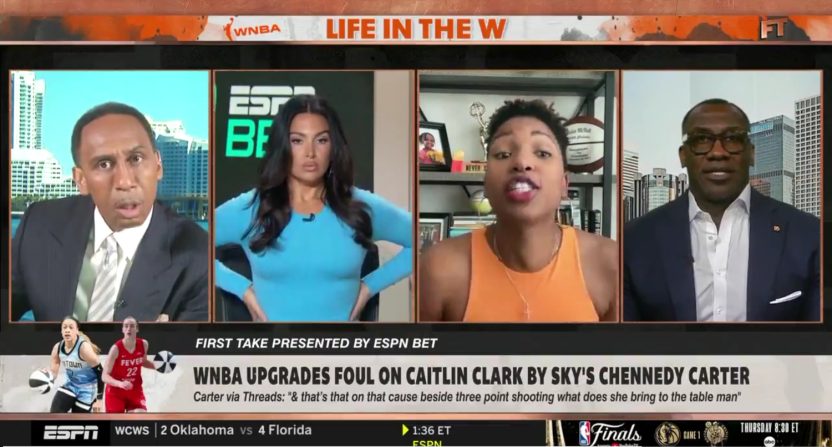 First Take after Monica McNutt (second from right) questioned why Stephen A. Smith (L) hadn't talked about the WNBA more in the past.'t talked about the WNBA more in the past.