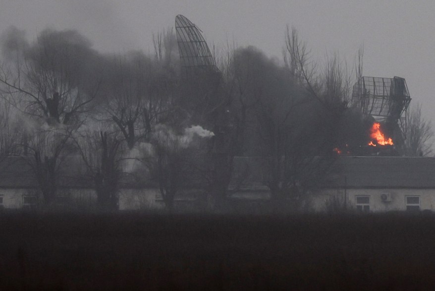 A Ukrainian military installation is seen, after Russian President Vladimir Putin authorized military operation in eastern Ukraine, in Mariupol