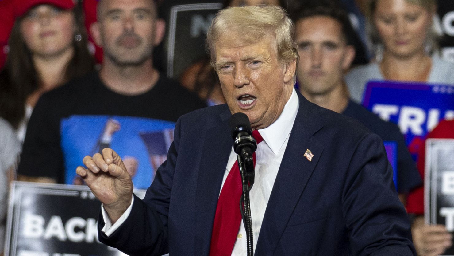 Former president and 2024 Republican presidential candidate Donald Trump gestures as he speaks during a campaign rally at the Bojangles Coliseum in Charlotte, North Carolina, on July 24, 2024. (Photo by LOGAN CYRUS/AFP via Getty Images)