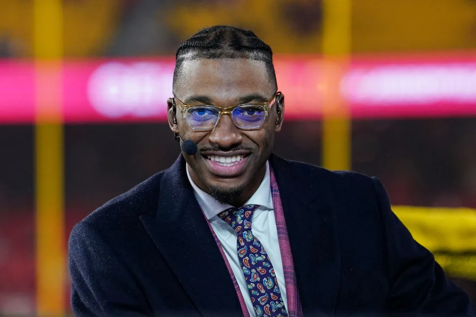 ESPN commentator Robert Griffin III at the broadcast desk prior to Monday Night Football game between the Kansas City Chiefs and Philadelphia Eagles on Nov. 20, 2023.