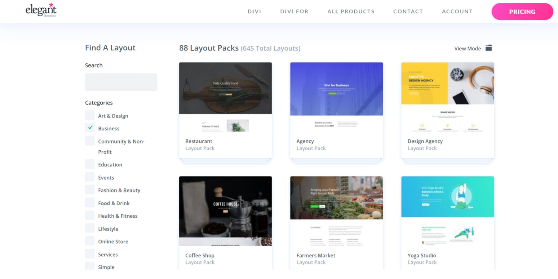 A screenshot of Divi's premade layout packs