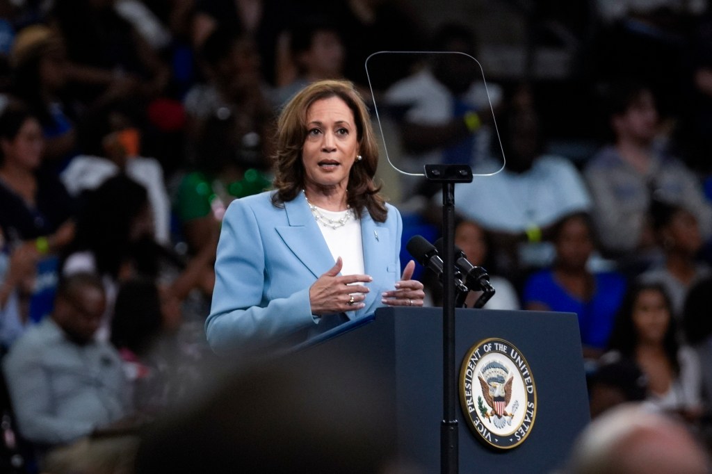 Vice President Kamala Harris speaking at a campaign rally in Atlanta, standing at a podium with a microphone and a flag, July 30, 2024