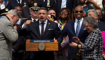 NYPD Commissioner Edward Caban speaks outside the 40th Precinct in the South Bronx during his swearing-in ceremony, July 17, 2023.