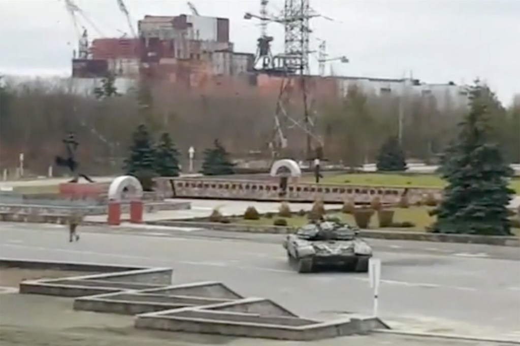 Alleged Russian tanks in front of the main reactor at Chernobyl