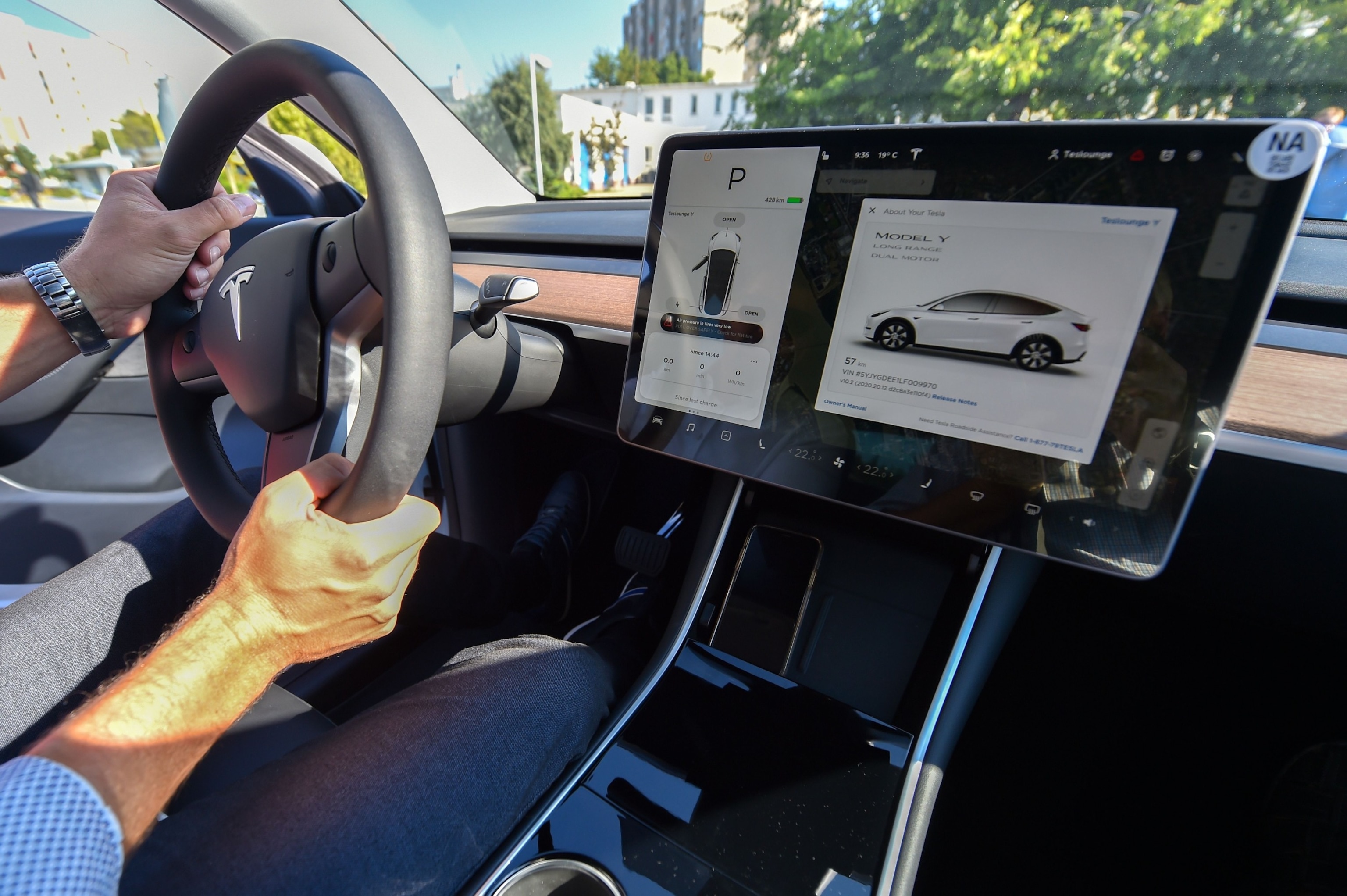 PHOTO: A driver is seen inside of a Tesla Model Y car during its presentation at the Automobile Club, Sept. 5, 2020, in Budapest, Hungary.