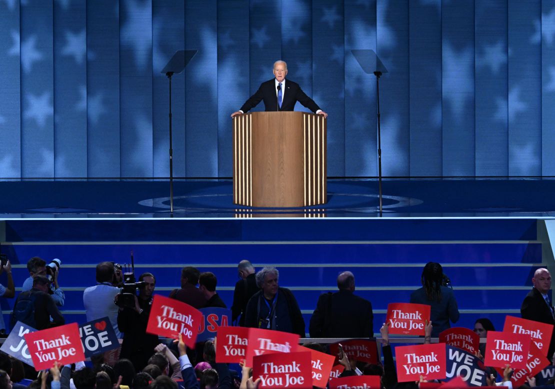 Joe Biden speaks at the Democratic National Convention in Chicago Monday.