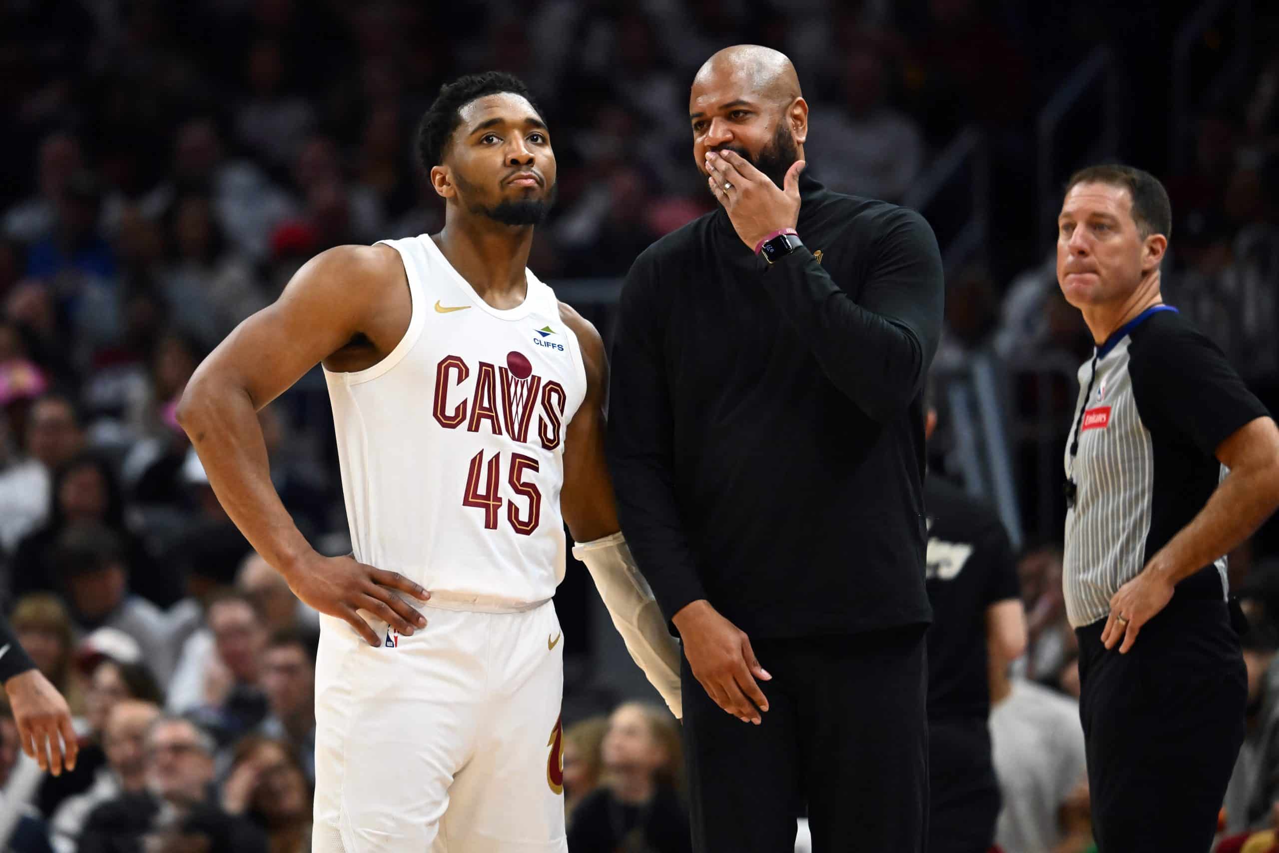 CLEVELAND, OHIO - APRIL 22: Donovan Mitchell #45 listens to head coach J.B. Bickerstaff of the Cleveland Cavaliers during the fourth quarter of game two of the Eastern Conference First Round Playoffs against the Orlando Magic at Rocket Mortgage Fieldhouse on April 22, 2024, in Cleveland, Ohio. The Cavaliers defeated the Magic 96-86. Photo by Jason Miller/Getty Images