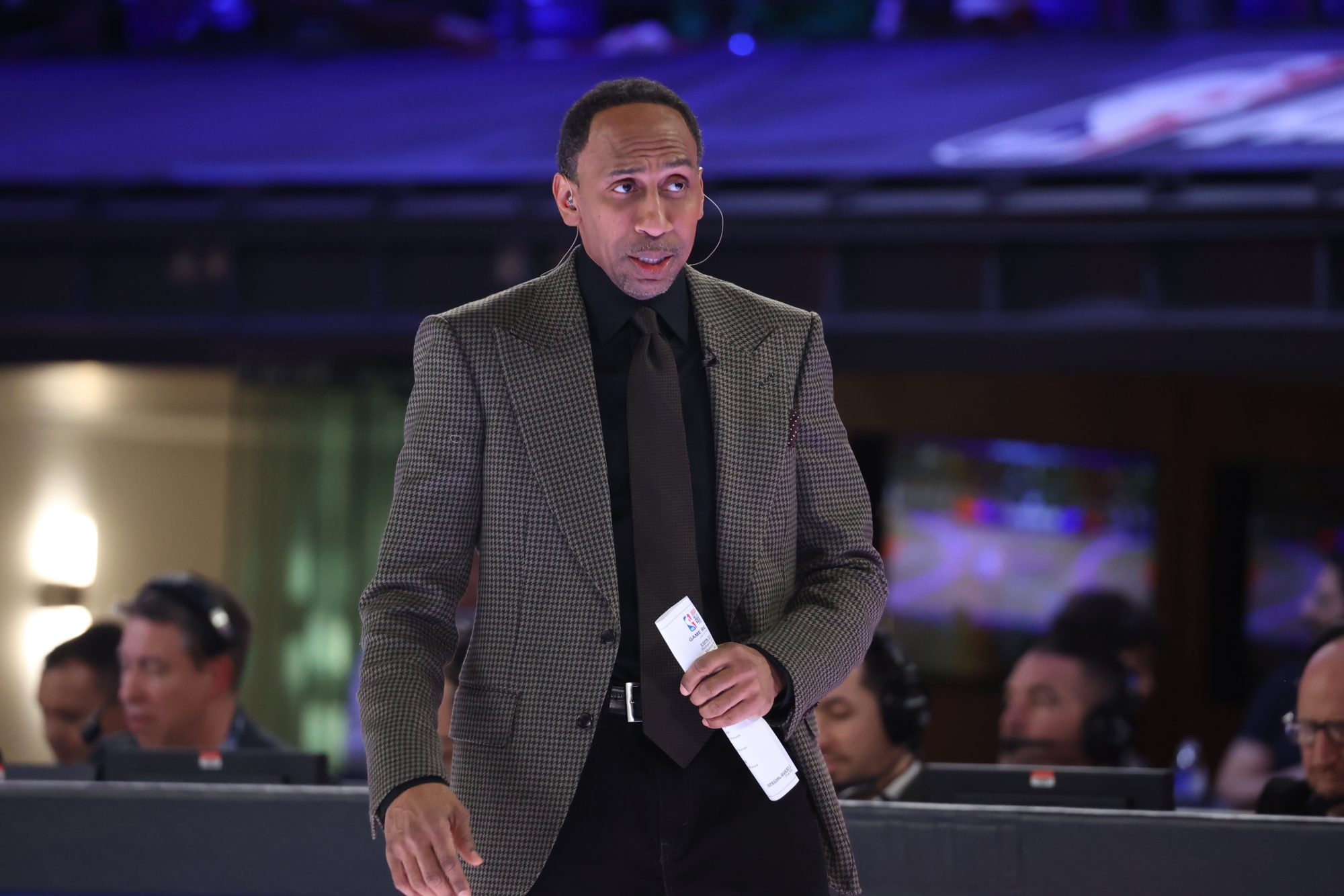 Feb 16, 2024; Indianapolis, IN, USA; Team Stephen A coach Stephen A. Smith looks on against Team Shannon during the All Star Celebrity Game at Lucas Oil Stadium.