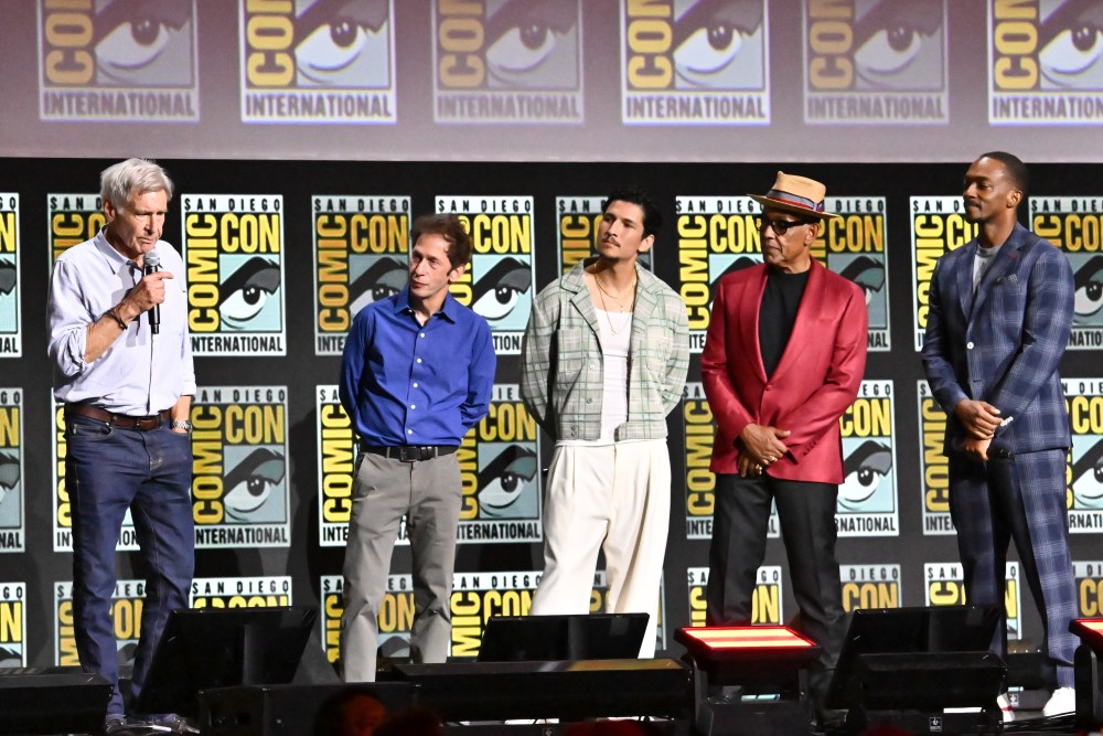 Harrison Ford, Tim Blake Nelson, Danny Ramirez, Giancarlo Esposito and Anthony Mackie at the “Marvel Studios” Panel at the 2024 San Diego International Comic-Con on July 27, 2024 in San Diego, California.