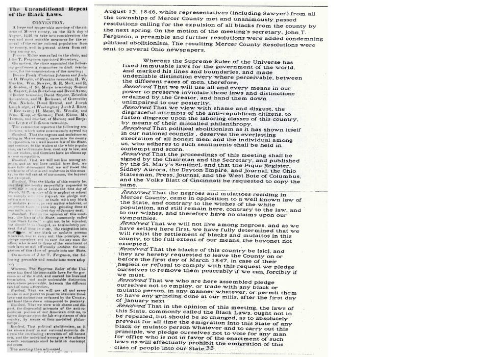 This text was printed in the October 8, 1846 edition of the Defiance Democrat under the headline Let Ohio Look to Her INTEREST IN TIME! and the sub headlines Bebb and the Nigger Laws. and The Unconditional Repeal of the Black Laws.