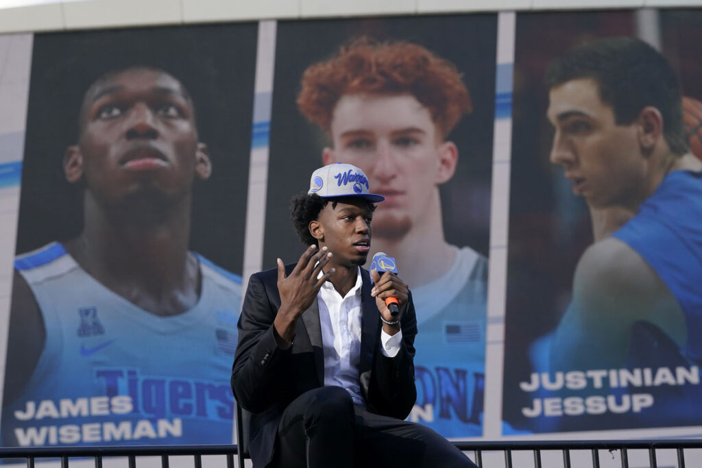 Golden State Warriors draft pick James Wiseman speaks at a news conference in San Francisco, Thursday, Nov. 19, 2020. (AP Photo/Jeff Chiu)