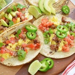 Homemade breakfast tacos on a cutting board