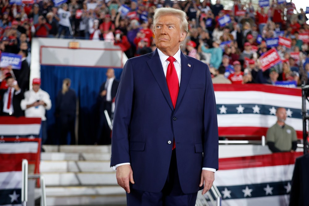 RALEIGH, NORTH CAROLINA - NOVEMBER 04: Republican presidential nominee, former U.S. President Donald Trump takes the stage during a campaign rally at the J.S. Dorton Arena on November 04, 2024 in Raleigh, North Carolina. With one day left before the general election, Trump is campaigning for re-election in the battleground states of North Carolina, Pennsylvania and Michigan. (Photo by Chip Somodevilla/Getty Images)