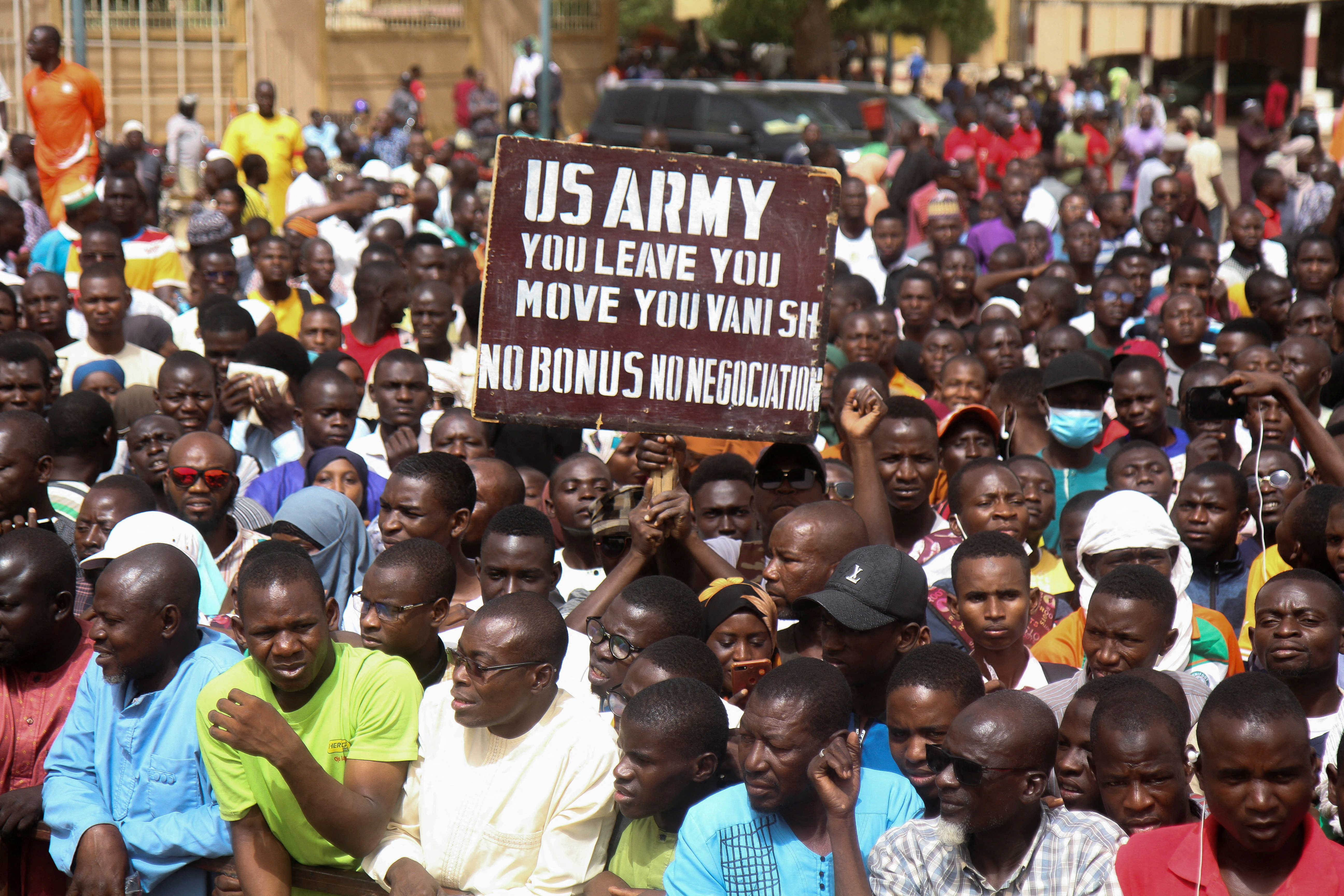 Nigeriens demonstrate to protest against the U.S. military presence in Niamey