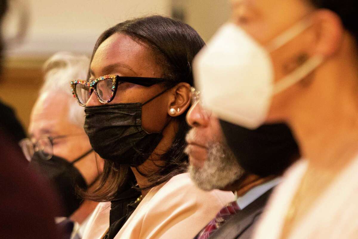 California’s Reparations Task Force Chair Kamilah Moore listens to public comment during its first in-person meeting in San Francisco on April 13, 2022. Economists’ estimate of up to $1.2 million per eligible Black person in restitution is not a final recommendation on the total amount of reparations needed. 