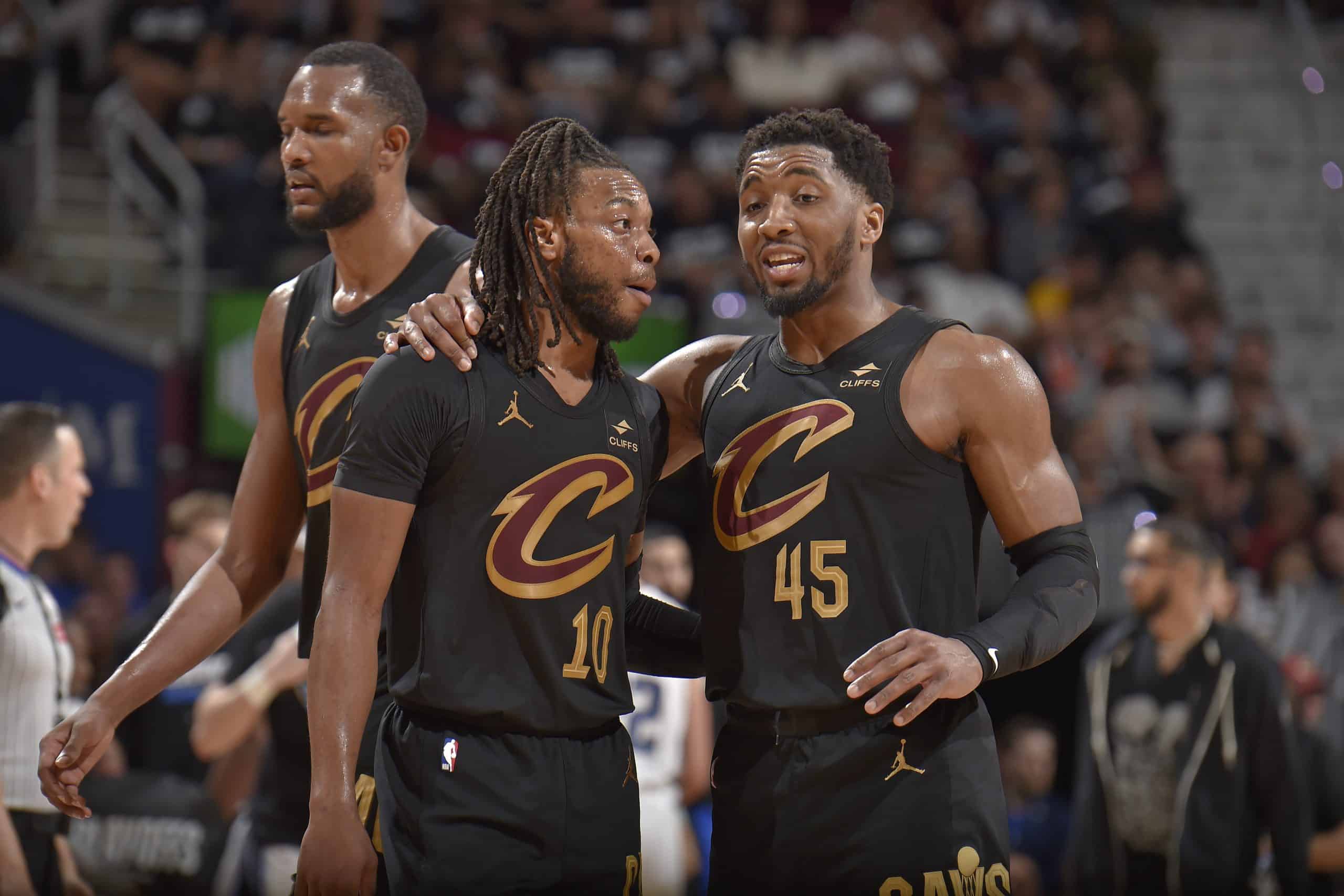 CLEVELAND, OH - MAY 5: Darius Garland #10 and Donovan Mitchell #45 of the Cleveland Cavaliers talk during the game against the Orlando Magic during Round 1 Game 7 of the 2024 NBA Playoffs on May 5, 2024 at Rocket Mortgage FieldHouse in Cleveland, Ohio. Photo by David Liam Kyle/NBAE via Getty Images