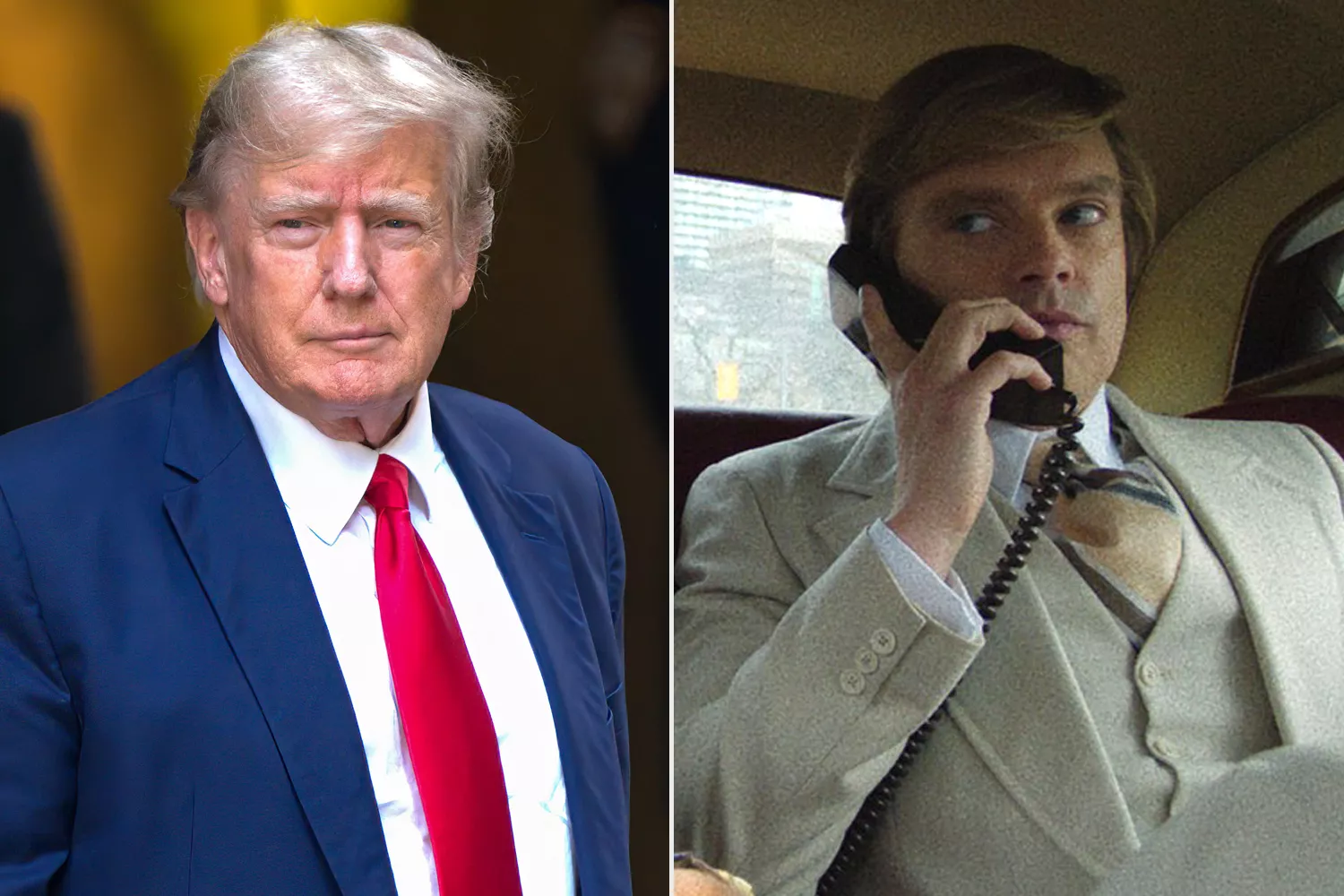 Former U.S. President Donald Trump leaves Trump Tower on September 6, 2023 in New York City.; Sebastian Stan transforms into Donald Trump in first look at 'The Apprentice'