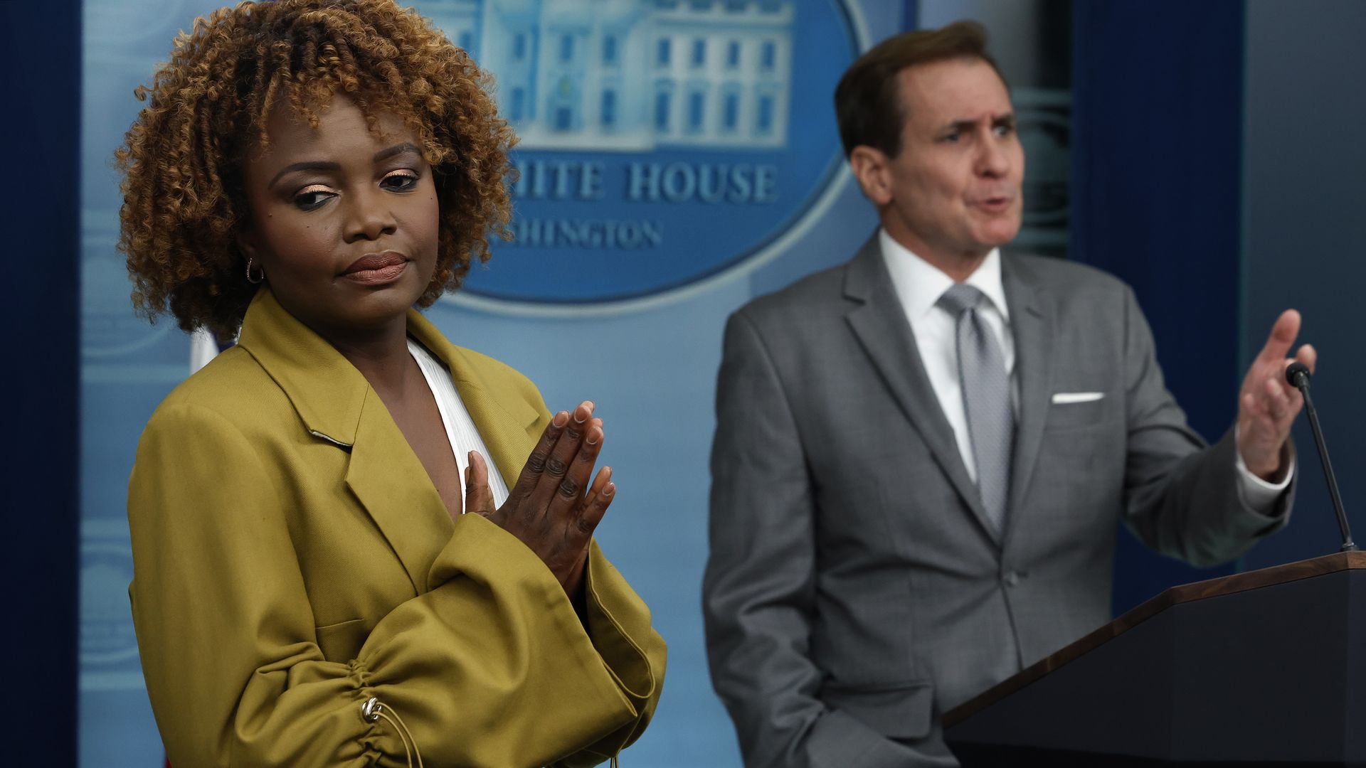 White House press secretary Karine Jean-Pierre and the National Security Council's John Kirby