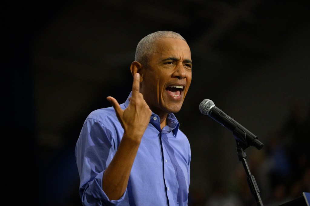 Former U.S. President Barack Obama speaks at a campaign event for Democratic presidential nominee, U.S. Vice President Kamala Harris at the University of Pittsburgh 