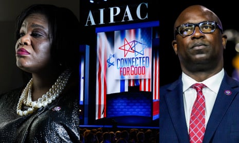 a side-by-side image of Cori Bush, an AIPAC conference, and Jamaal Bowman