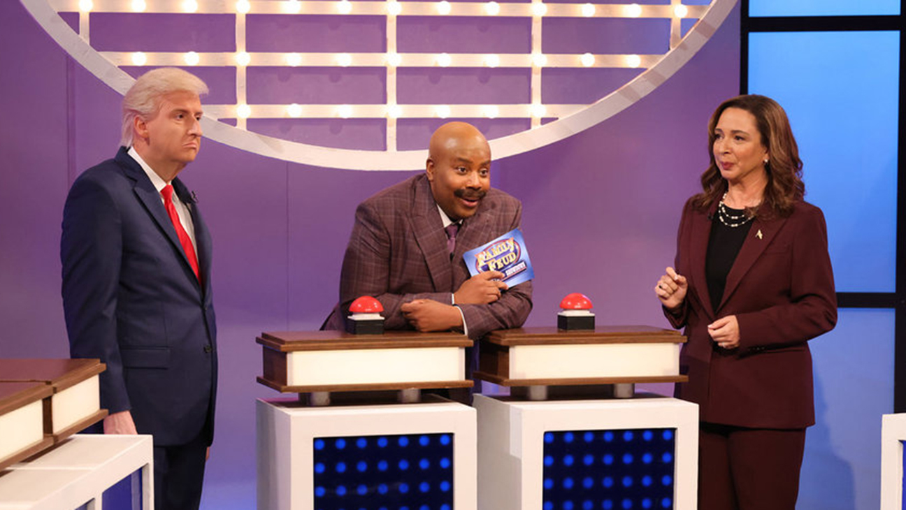 James Austin Johnson as Donald Trump, Kenan Thompson as Steve Harvey and Maya Rudolph as Kamala Harris on 'Saturday Night Live.'