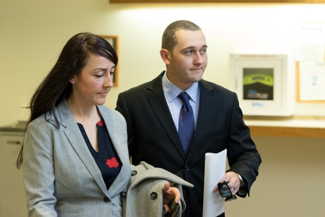 Jason Lawton, right, with his attorney, Rebecca Otey, at an earlier court hearing - FILE: COLIN FLANDERS ©️ SEVEN DAYS