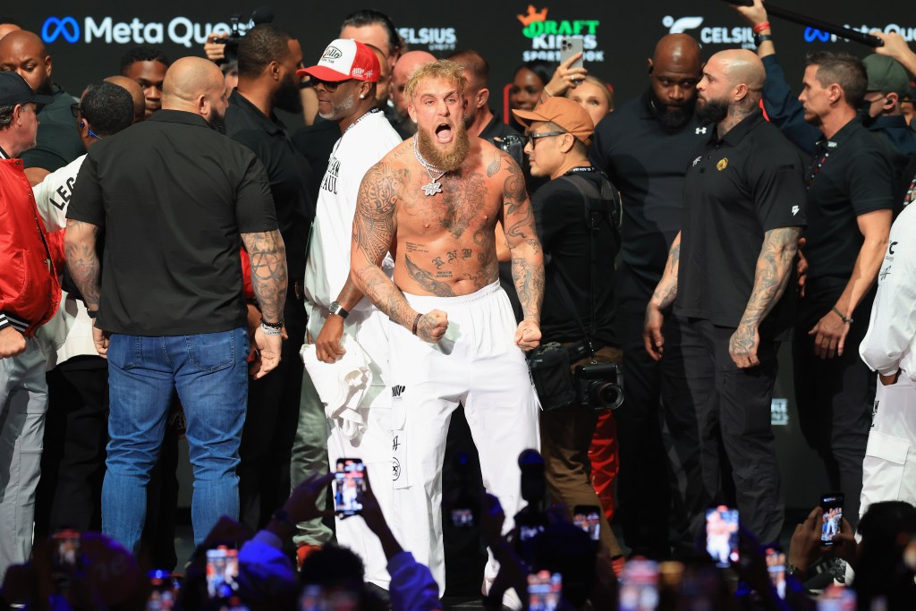 Jake Paul reacts as he is introduced the ceremonial weigh-in with Mike Tyson