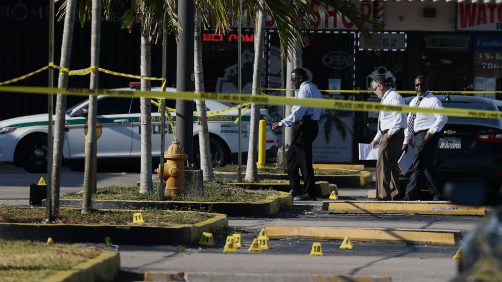 PHOTO: Miami-Dade police investigate where a mass shooting took place outside of a banquet hall on May 30, 2021 in Hialeah, Florida.