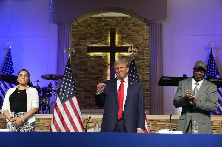 Republican presidential candidate former President Donald Trump arrives to speak at a campaign event at 180 Church on June. 15.